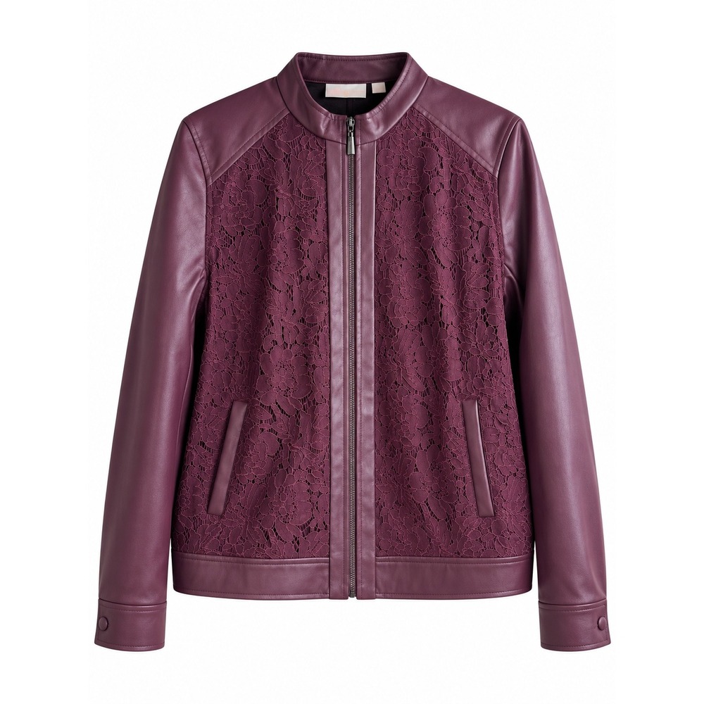 Belle Faux Leather Floral Lace Moto Jacket Women's M Burgundy Edgy